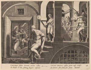 The Jailer about to Kill Himself, Converted by Saint Paul by Philip Galle after Jan van der Straet