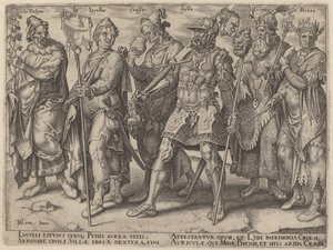 Pythius, Lucullus, Crassus, Sylla, Croesus, Midas (Notorious Examples of Wealth from Antiquity) by Philip Galle, after Maerten van Heemskerck