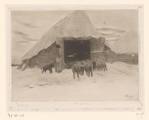 Shepherd Leading a Flock of Sheep into a Barn by Philip Zilcken (signed by artist)