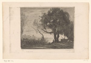 Landscape with flutist under a tree and silhouette of a city by Philip Zilcken (signed by artist)