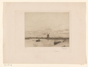 Canal with Rowboat in Meadow Landscape with Mill by Philip Zilcken (signed by artist)