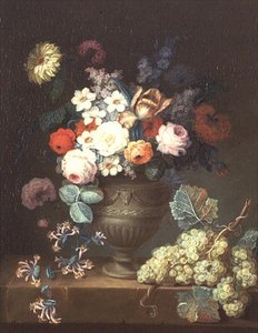Still Life of Flowers in a Classical Vase with a Bunch of Grapes by Philippe Parpette