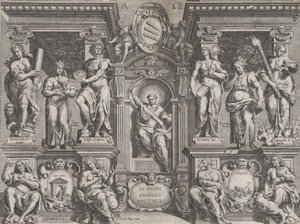 Allegorical thesis print with various figures, set in an architectural structure by Philippe Thomassin