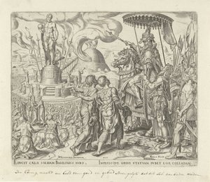 An Enraged Nebuchadnezzar Orders Shadrach, Meshach, and Abednego to be Brought to Him by Philips Galle