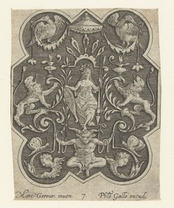 Helmeted Woman with Shield and Spear, Flat Decorations with Grotesques on a Shaded Background (series title) by Philips Galle