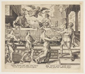 Labour and diligence enjoying their simple meal by Philips Galle