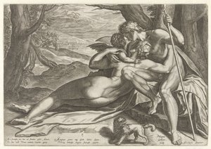 Venus and Adonis with Cupid by Philips Galle