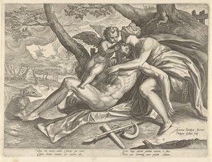 Venus mourns the death of Adonis, The Story of Adonis (series title) by Philips Galle
