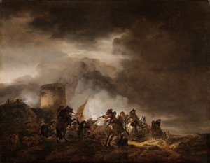 Battle Between Horsemen and Foot Soldiers Before a Fortification