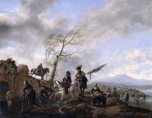 An Extensive River Landscape with Soldiers and a Standard Bearer Watering their Horses by Philips Wouwerman