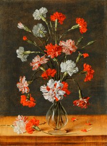 Carnations in a Glass Vase on a Stone Table