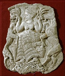 Phoenician Art: Carved Ivory Pyxide Cover Representing a Mycenaean Fertility Goddess Nourishing Goats