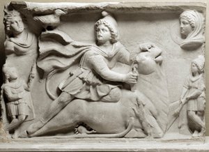 Civilization of the Phoenicians: sacrifice scene depicting the divinity Mithra immolating the bull. 2nd or 3rd century AD. Marble relief. Paris, Louvre Museum
