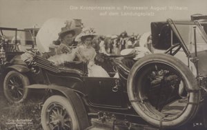 Crown Princess Cecilie and Princess August Wilhelm of Germany at a Zeppelin landing ground by Photographer German