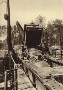 German 380 mm railway gun of the type used in the bombardments of Verdun and Dunkirk, France, World War I by Photographer German