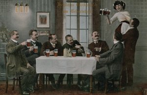 Postcard of Germans Drinking Beer and Having Fun with the Waitress, Sent in 1913 by Photographer German