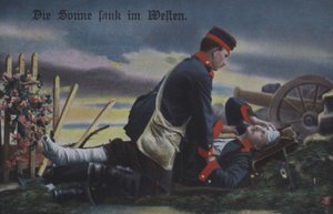 The Sun Set in the West: A German Soldier Comforting His Dying Comrade on the Battlefield by Photographer German