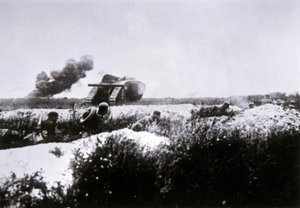 WWI German Stormtroopers Armed with Flamethrower Advance, Supported by a Captured British Mark IV Tank
