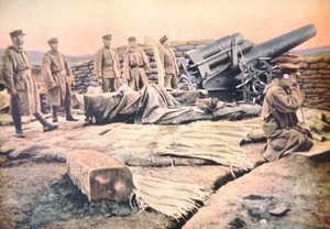 Japanese siege gun in action against the German fortress of Tsingtao on the China coast by Photographer Japanese