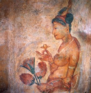 Apsaras, heavenly nymph offering flowers, fresco, fortified citadel of Sigiriya
