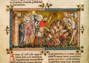 Burning of the Jews in 1349. Miniature from: Tractatus quartus by Gilles de Muisit by Pierart dou Tielt
