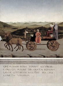 Triumph of Battista Sforza, Duchess of Urbino. Battista and her handmaiden, two Theological Virtues and a nun are drawn in a triumphal car by two brown unicorns, after 1472 (detail)