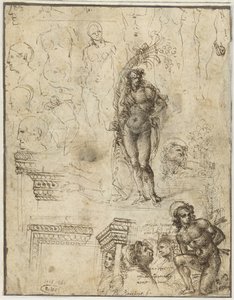 Study Sheet with Heads, Figures and Architectural Fragments by Piero di Cosimo (attributed to)