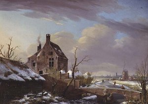 Winter Landscape with Figures by a Bridge by Pierre François De Noter