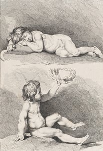 Two nude children, one sleeping and the other holding a wreath, from New Book of Children, 1720-60