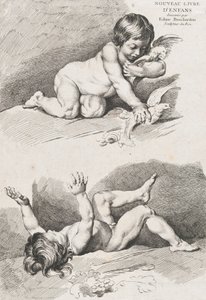 Two nude children playing with a leaf, from New Book of Children