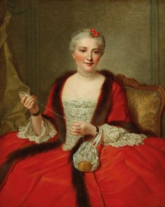 Portrait of an elegant lady, holding a weaving shuttle