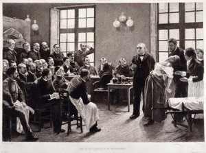 A clinical lecture by Dr. Charcot at the Salpetriere in 1887. Students from the department of Professor Jean Martin Charcot who explains the case of Blanche Wittman, his patient and guinea pig for her research on hysteria