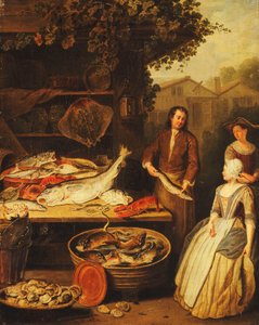 A Fishmonger displaying a Pike to a Maid