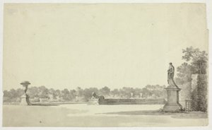 View of the Park at Versailles: Terrace with Urn, Sphinx and Female Statue