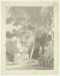 View of the Park at Versailles: Two Figures on a Bench in a Clearing, Female Statue Nearby