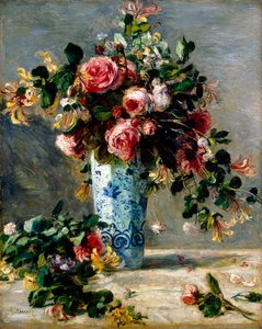 Roses and Jasmine in a Delft Vase