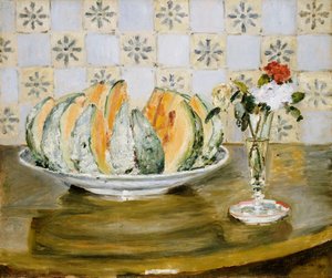 Still Life of a Melon and a Vase of Flowers