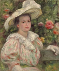 Young Girl Amongst Flowers or Woman with White Hat by Pierre Auguste Renoir