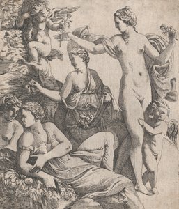 Venus, standing with the three Graces, is offered a flower from a putto, 1607-61 by Pierre Biard