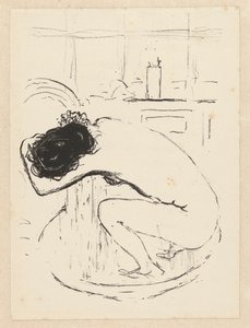 Naked Woman Squatting in a Tub and Washing Herself