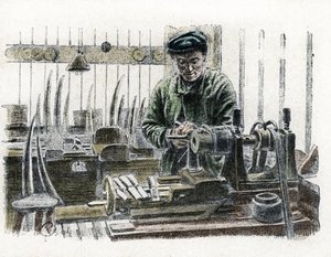 An Ivory worker carving elephant tusks at work in his workshop Engraving from 