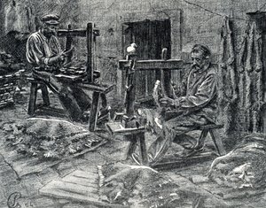Craftsmen fleshing the sheepskins Engraving from 