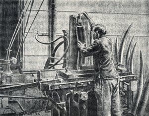 Ivory craftsman cutting elephant tusks Engraving from “Excursion a travers les metiers” by Pierre Calmette Private Collection by Pierre Calmettes