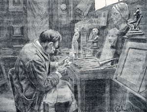 Ivory worker carving ivory with chisels, scrapers and gouges Engraving from 
