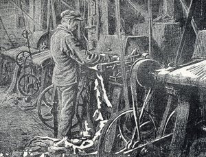 Leather industry: mechanical mowing of furs Engraving from “Excursion a travers les metiers” by Pierre Calmette Private Collection