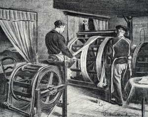 Silk work: the unrolling of the silk. Engraving from Excursion a travers les metiers by Pierre Calmette by Pierre Calmettes