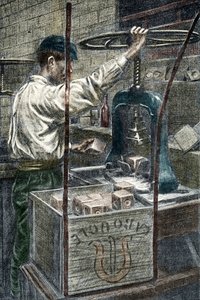 Soap factory: stamping of the soap brand Engraving from 