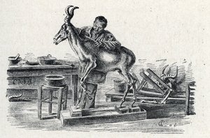 Taxidermy: A taxidermist stuffed hartebeest in his workshop Engraving from “Excursion a travers les metiers” by Pierre Calmette Collection privee by Pierre Calmettes