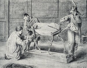 Taxidermy: taxidermists preparing the artificial skeleton in the workshop Engraving from “Excursion a travers les metiers” by Pierre Calmette Collection privee by Pierre Calmettes