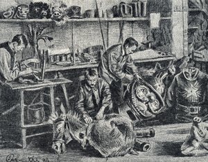 Workshop of theater and shows accessories production Engraving from Pierre Calmette Private Collection by Pierre Calmettes